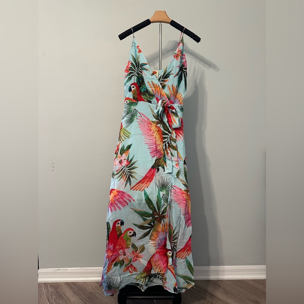 Aqua Tropical Parrot Print Wrap Maxi Dress